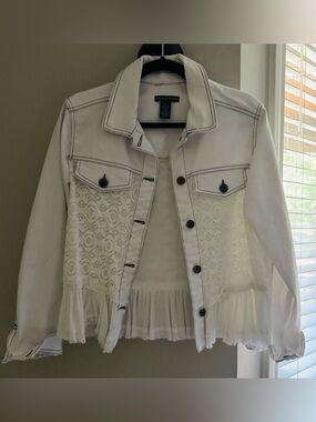 Chelsea & Theodore White Lace Peplum Jean Jacket